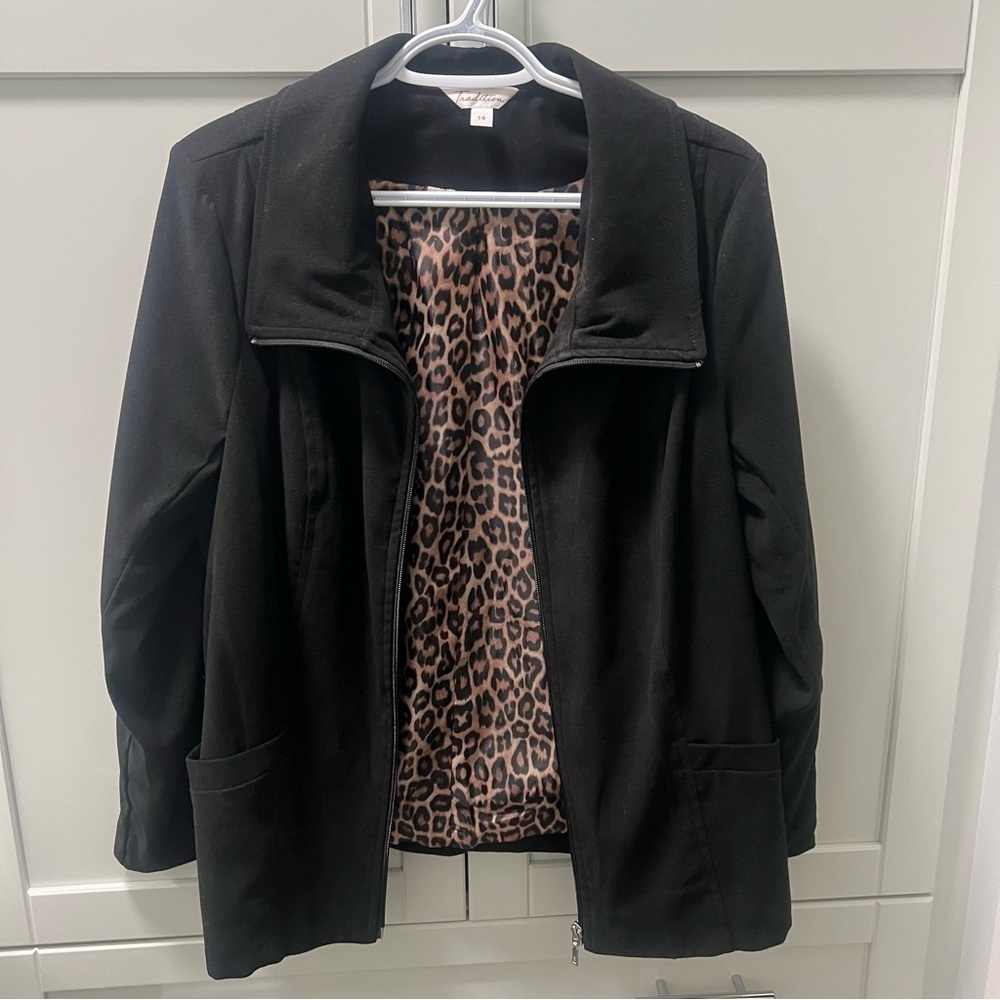 Vintage TRADITION Black Leopard Print Zipper Closure Jacket Blazer Size 14